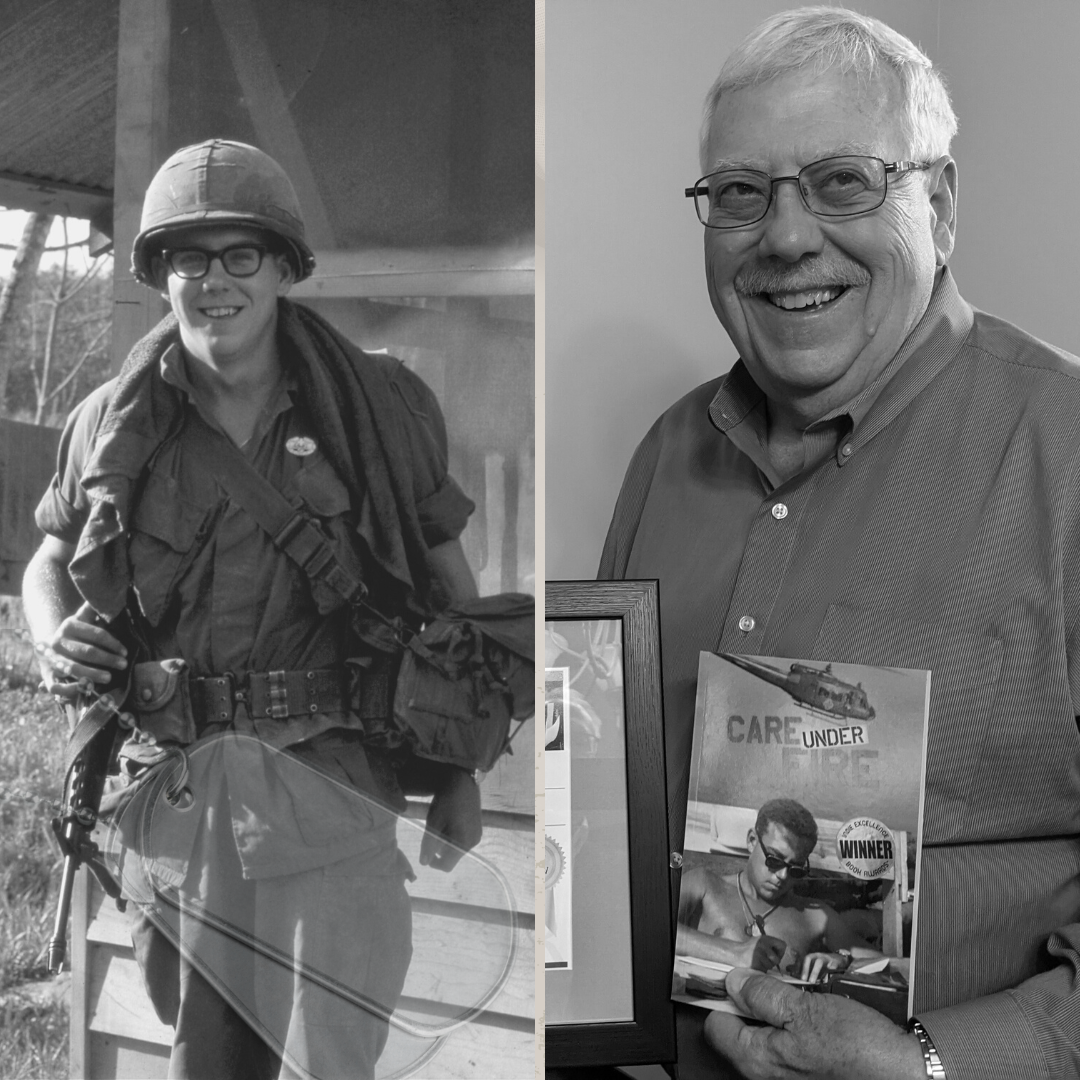 Side by side images of Bill in Vietnam in uniform and bill today holding a copy of his book