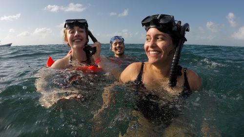 I-O psychology students swimming in the ocean while on their international trip